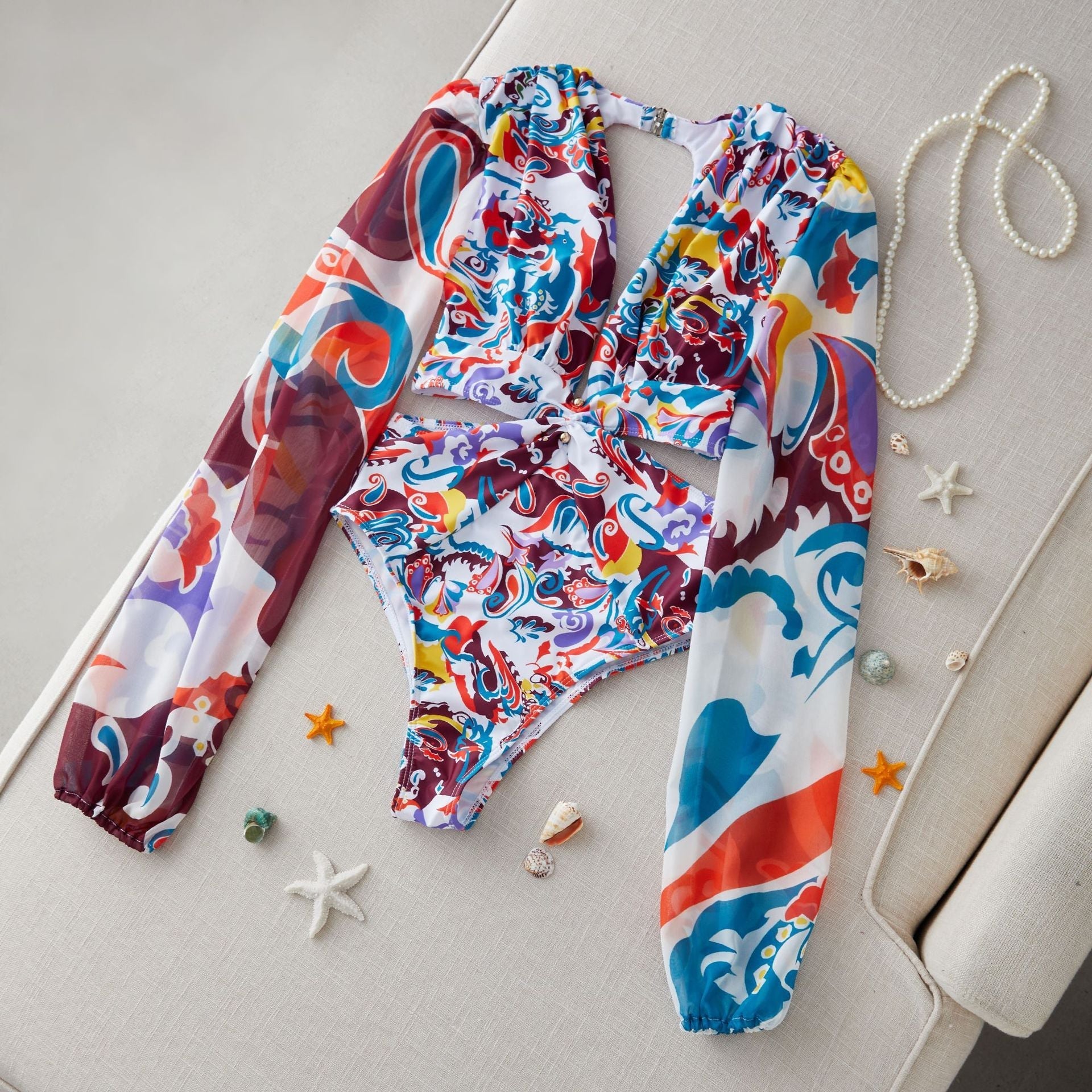 Printed Spinning Long Sleeve Deep V Plunge One Piece Swimsuit Women High Waist Bikini Swimsuit Bella Mia